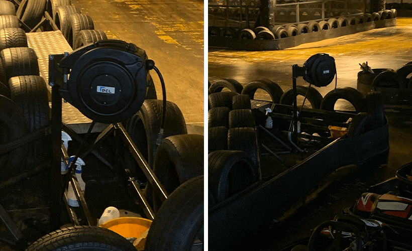 PCL Hose Reel and XF-Euro Coupling range in the pit lane at TeamSport Indoor Go Karting in Sheffield